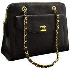 Chanel Caviar Large Chain Shoulder Bag Leather Black Gold Hardware