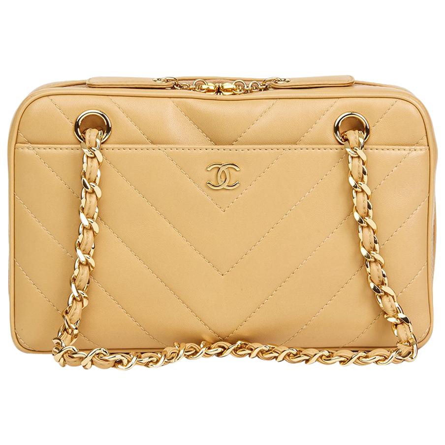 2000 Chanel Beige Chevron Quilted Lambskin Classic Camera Bag 