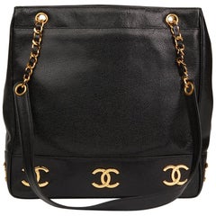 Vintage 1992 Chanel Black Caviar Leather Jumbo Logo Trim Shoulder Bag