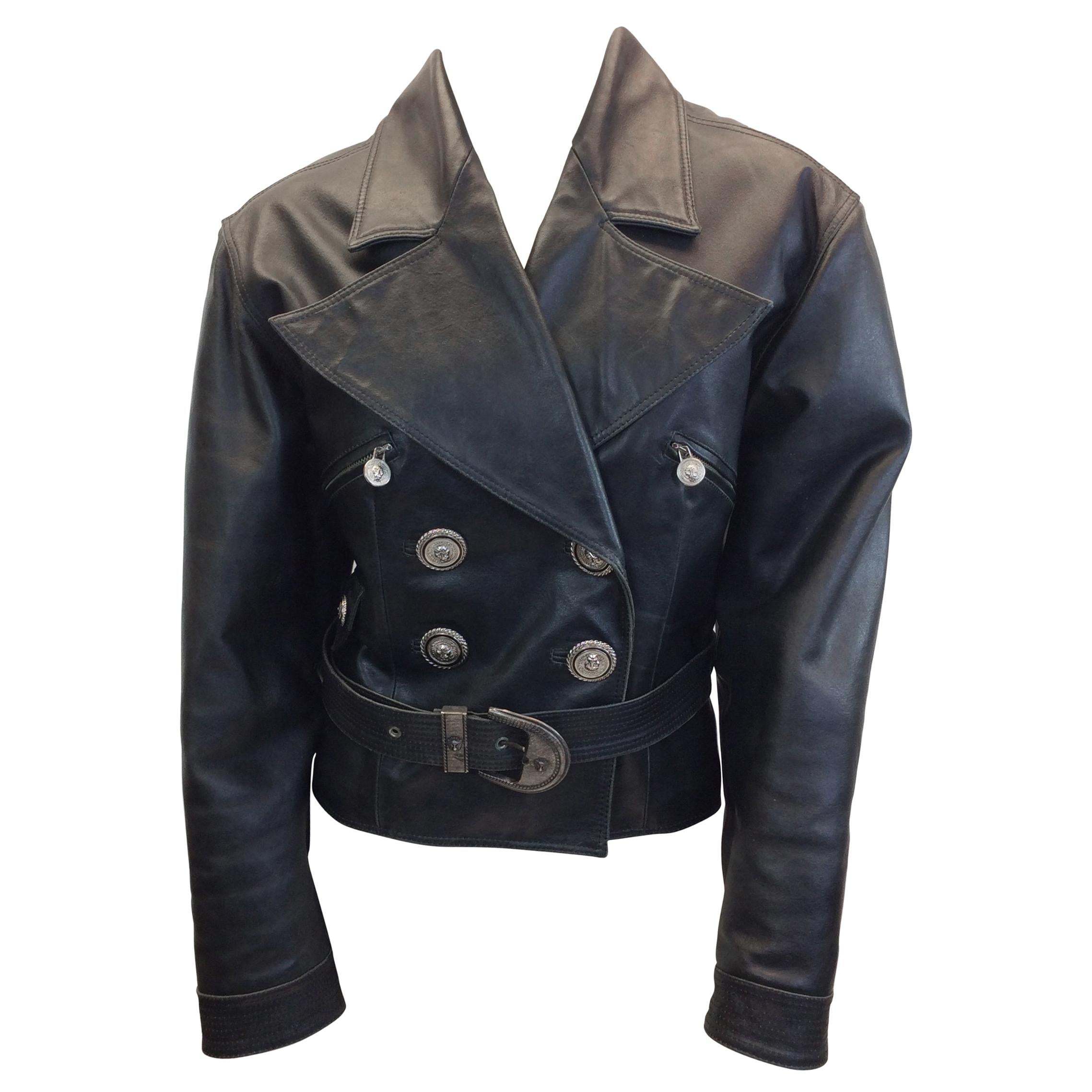Versace Black Leather Jacket with Silver Buttons For Sale
