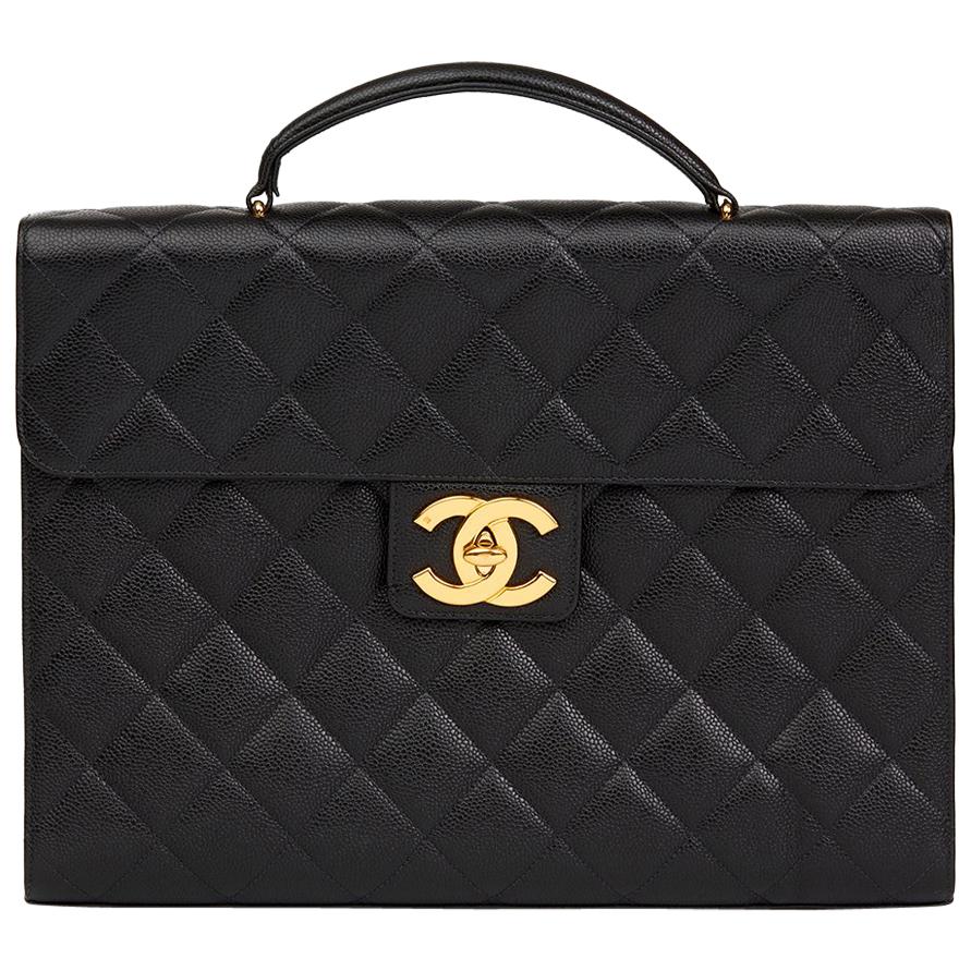 1996 Chanel Black Quilted Caviar Leather Vintage Jumbo XL Classic Briefcase