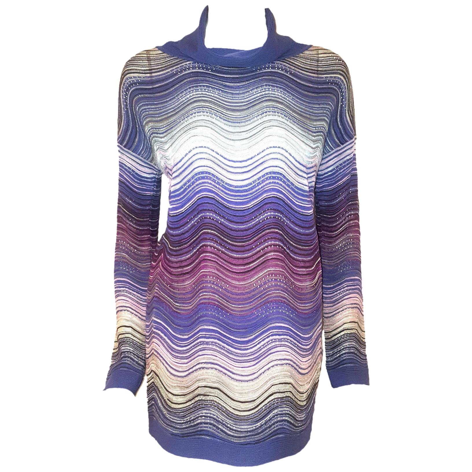 Missoni Multi Color Metallic Wave Design Turtleneck Sweater For Sale