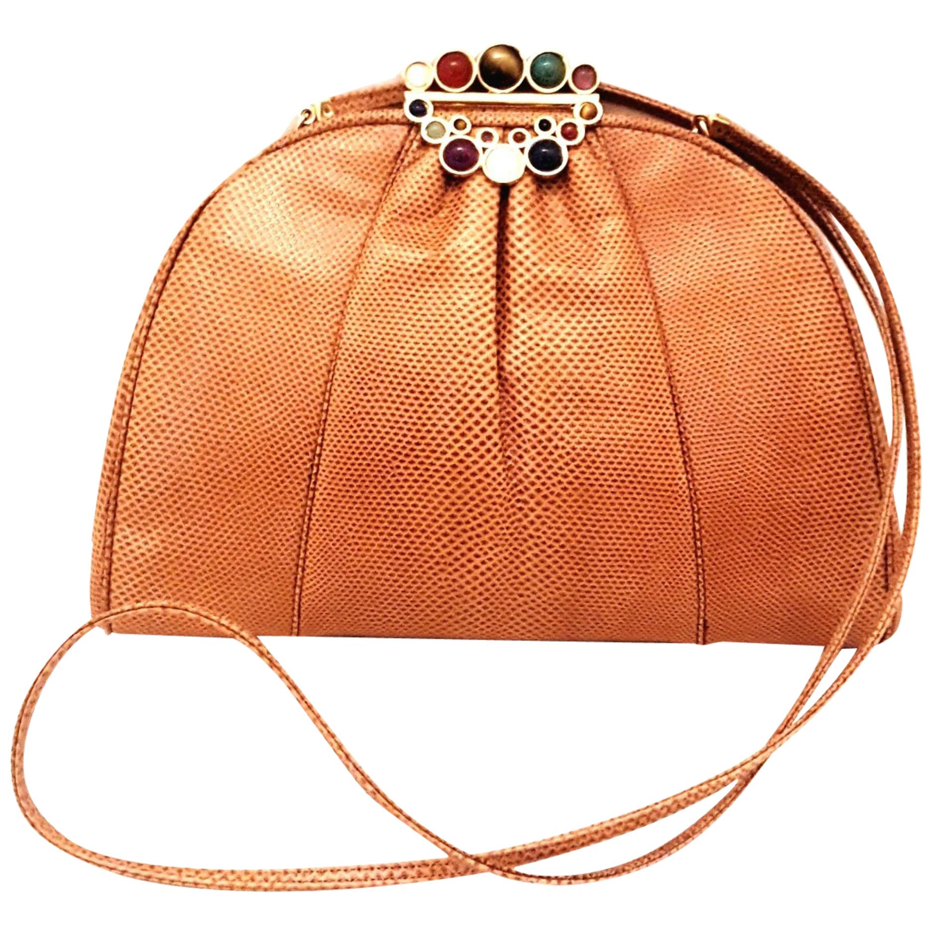 Vintage Judith Leiber Tan Lizard Convertible Shoulder Bag with Jeweled Closure 