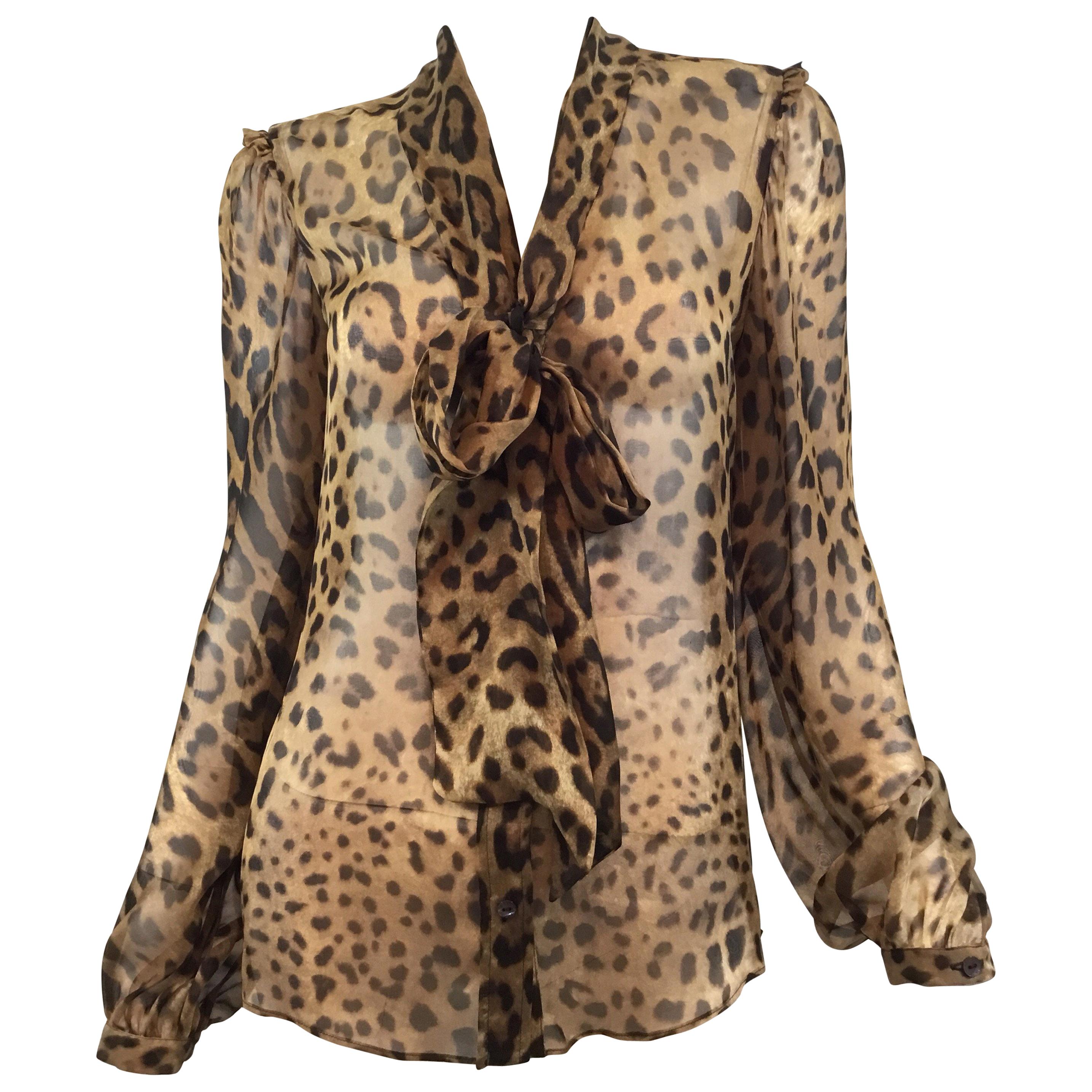 Dolce & Gabanna Leopard Print Silk Chiffon Blouse with Neck Tie