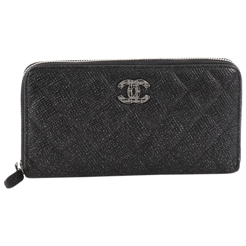 Chanel Zip Around Wallet Quilted Glittered Calfskin Long