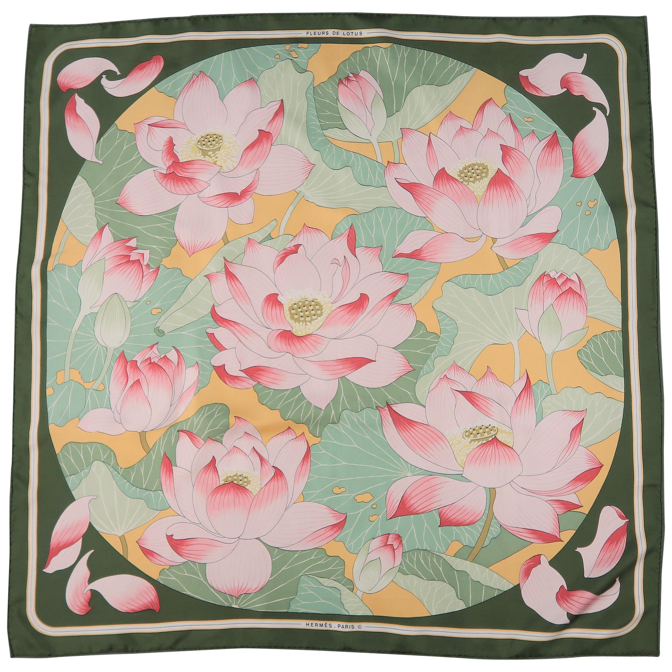 Vintage HERMES Green & Pink Fleurs de Lotus Print Silk Scarf