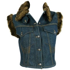 Jean Paul Gaultier Vintage Denim Faux Fur Sleeveless Jacket Size S