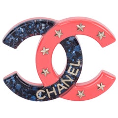 New Chanel Lucite Blue & Coral CC Pin