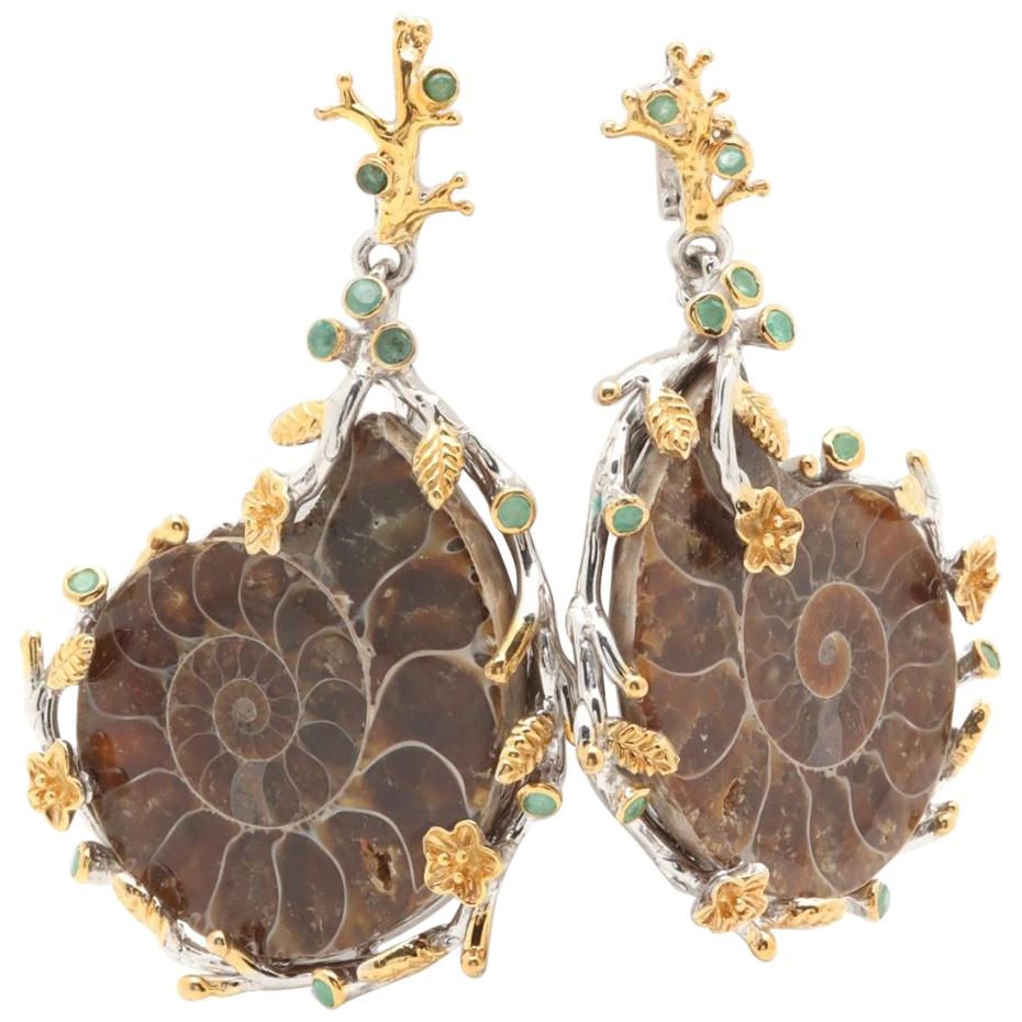 Artisan Gold on Sterling Ammonite Nautilus Shell Emerald Earrings  For Sale