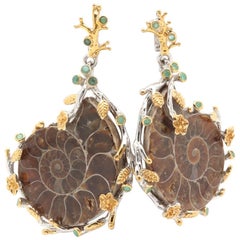 Artisan Gold on Sterling Ammonite Nautilus Shell Emerald Earrings 