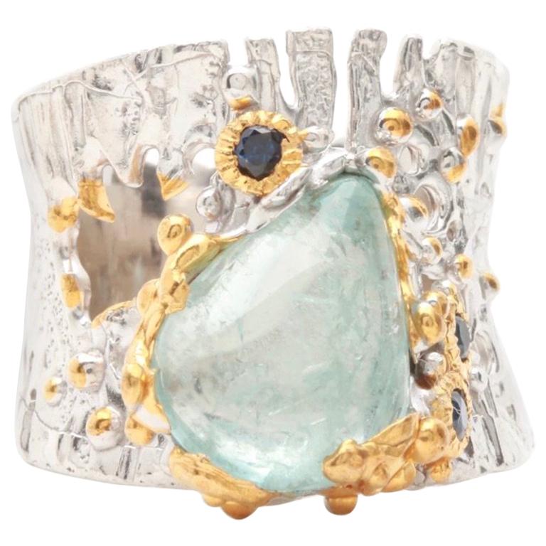 Brutalist Sterling Silver Vermeil Aquamarine Sapphire Ring For Sale