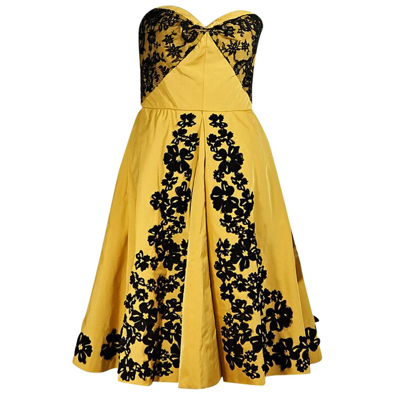 Yellow & Black Oscar de la Renta Strapless Dress
