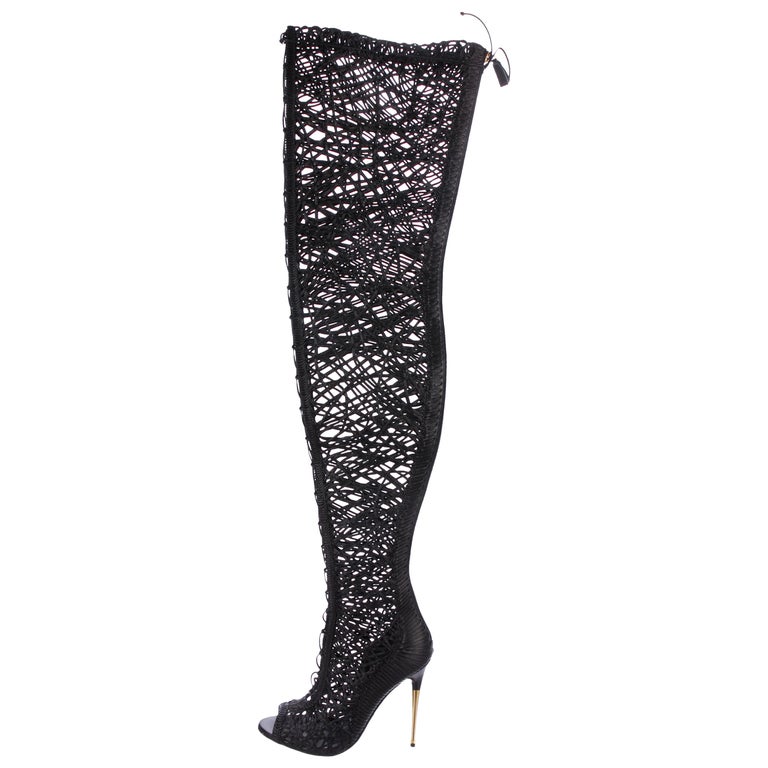 Tom Ford NEW Black Leather Lace Up Evening Tie Thigh High Heels Boots ...