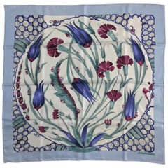 Hermes Ceramique Ottomane Laurence Bourthoumieux Blue Silk Scarf 35 x 35 
