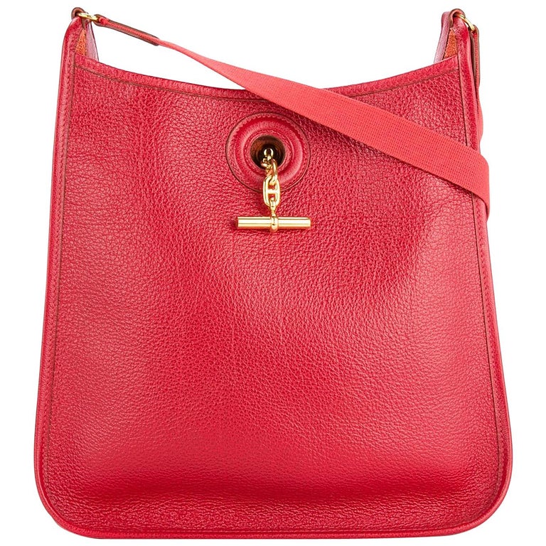 Hermes Red Leather Gold Mens Womens Carryall Crossbody Shoulder Bag at