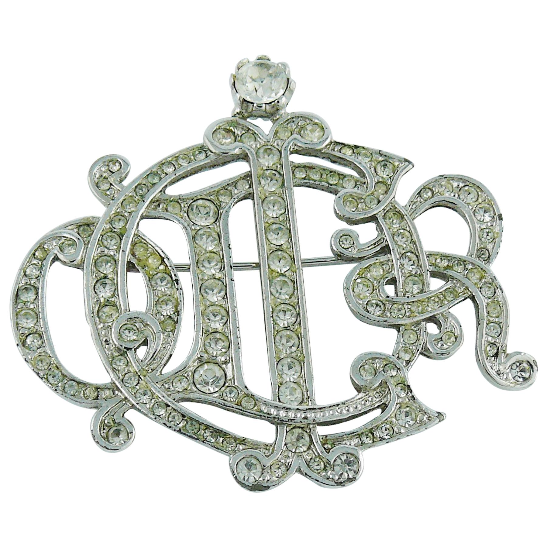 Christian Dior Silver Toned Insigna Diamante Brooch For Sale