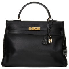 1997 Hermes Black Evergrain Leather Vintage Kelly 35cm Retourne