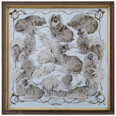 Hermès Vintage Silk Scarf Les Pekinois Xavier de Poret Pekinese in Frame 1965