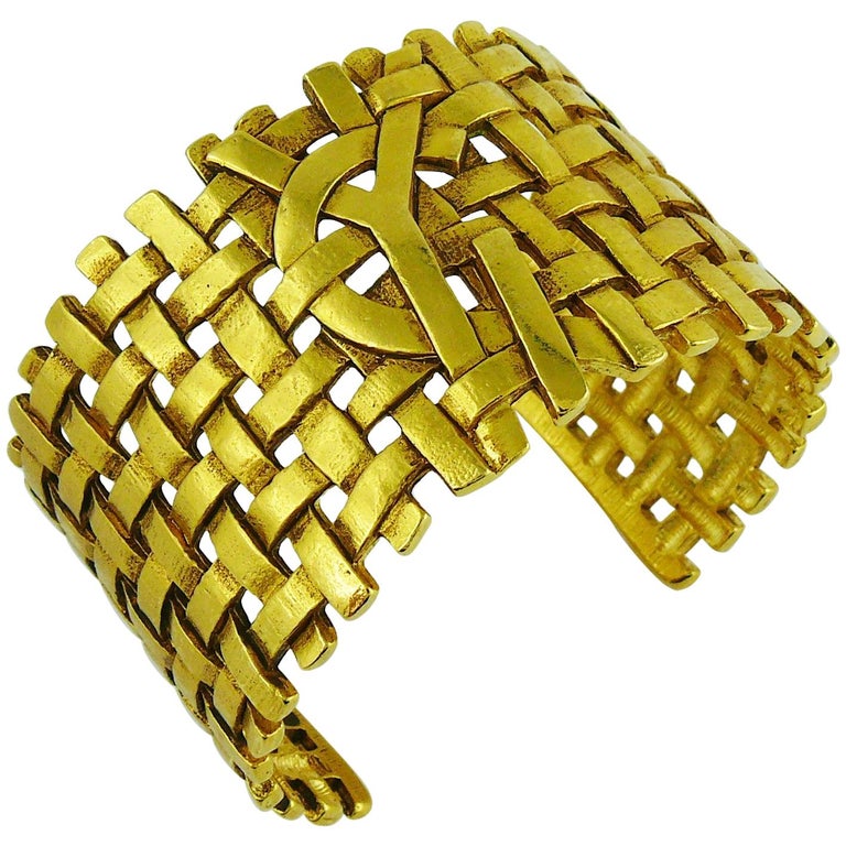 Yves Saint Laurent YSL Vintage Gold Toned Woven Cuff Bracelet at