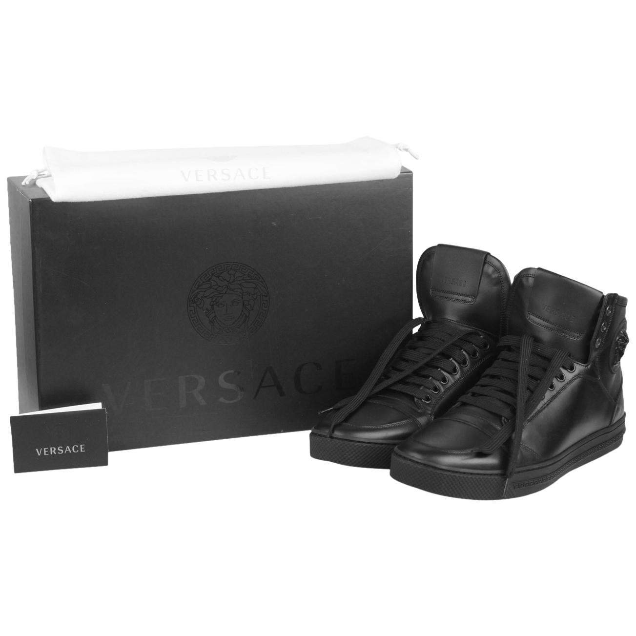 Versace Black Leather High Back Medusa Sneakers Shoes Size 43