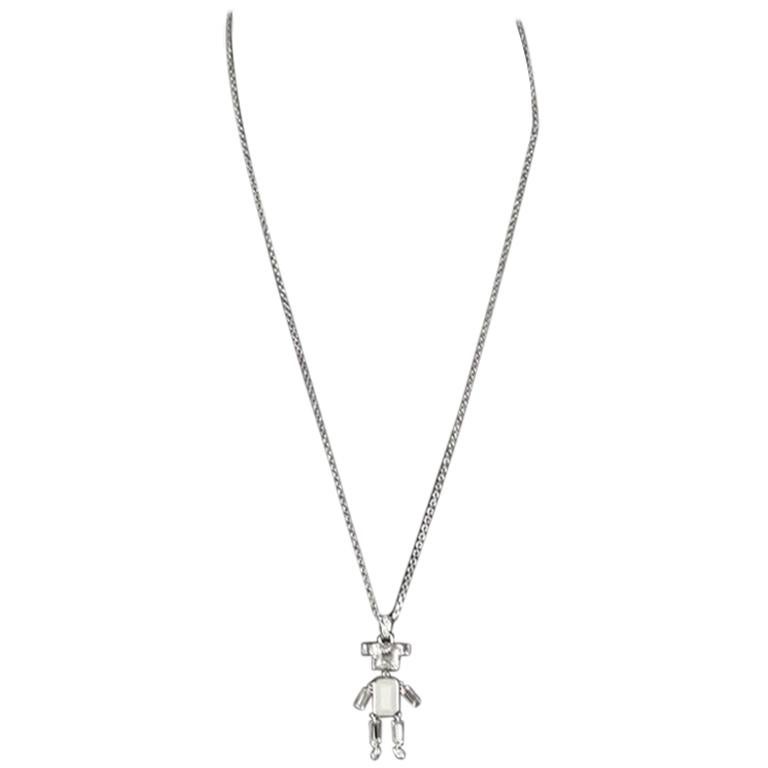 Prada Silver Metal Robot Necklace White Saffiano Leather & Crystals 1AJP18
