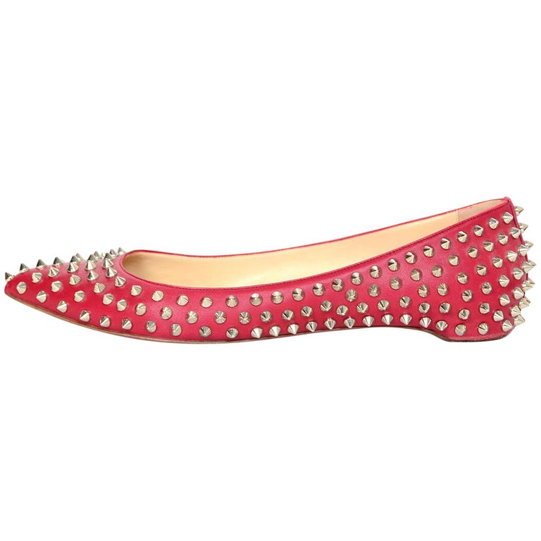 Christian Louboutin Red Leather Silver Spikes Pigalle Pointed Toe Flats ...