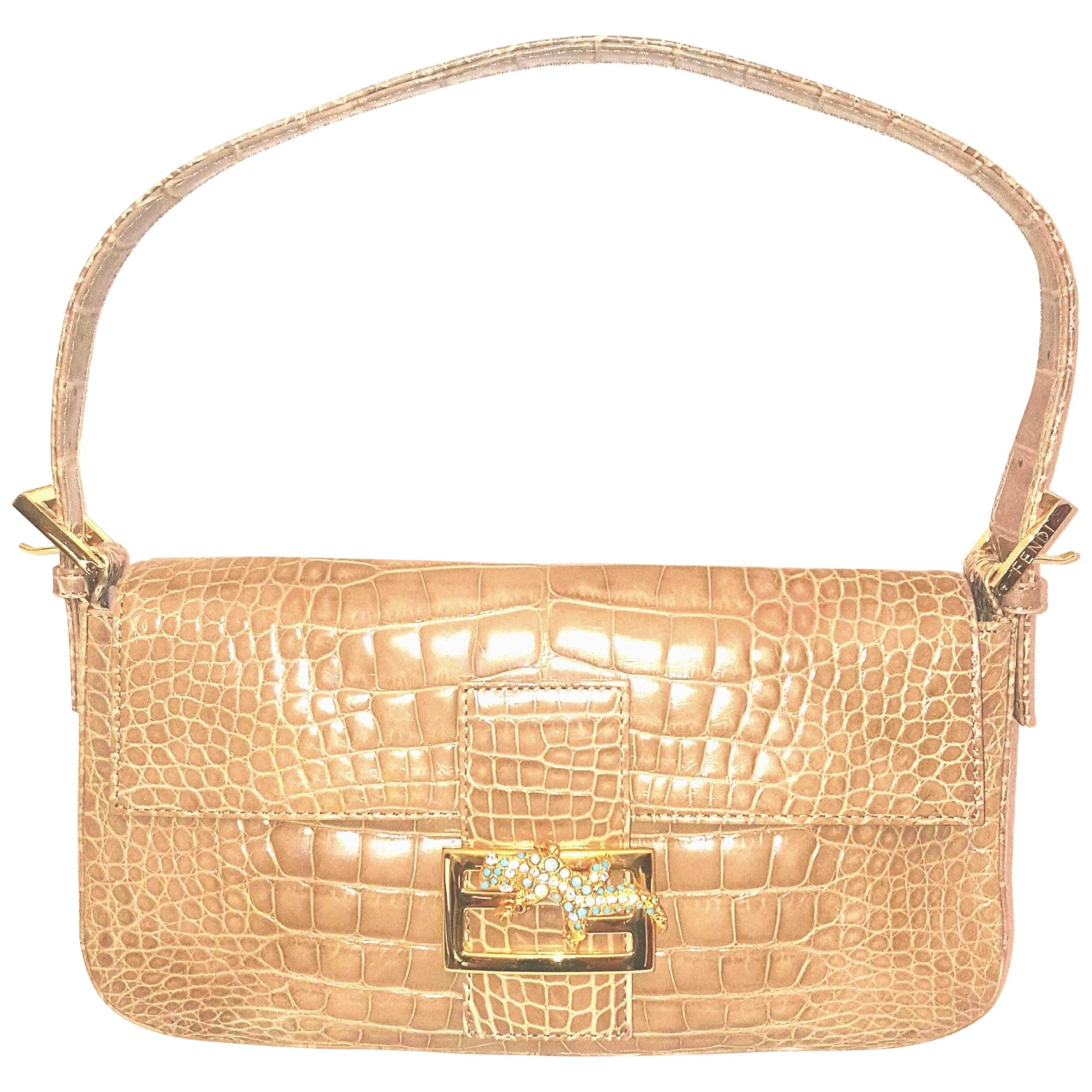 Fendi Taupe Croc Embossed Leather Baguette Bag W. Jeweled Gecko Decoration