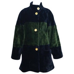 Vintage 1980s Bill Blass Green and Black Colorblock Faux Sheared Mink Coat - XL
