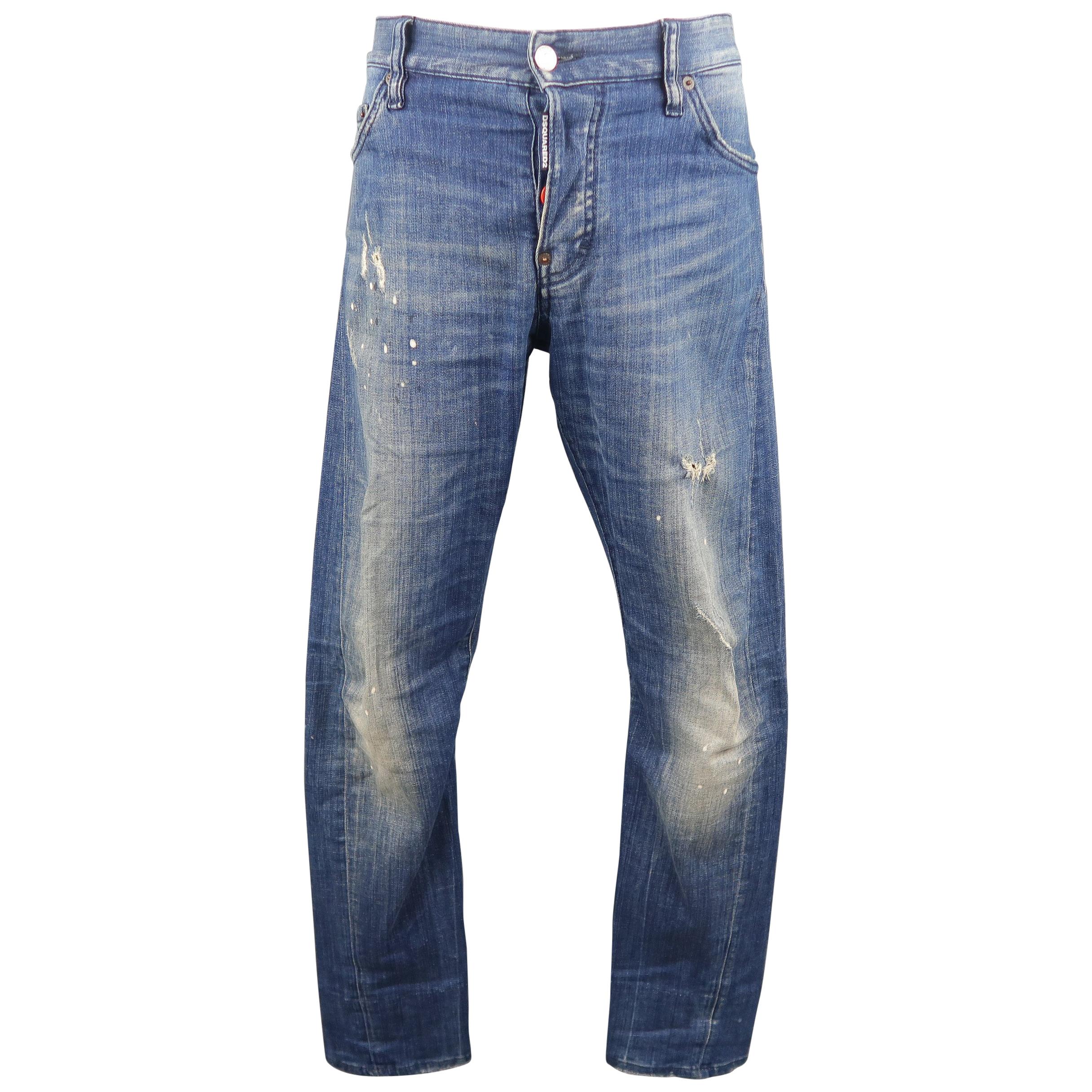 Men's DSQUARED2 Size 34 Medium Wash Distressed Denim Paint Splatter Jeans