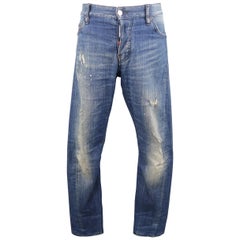 Men's DSQUARED2 Size 34 Medium Wash Distressed Denim Paint Splatter Jeans