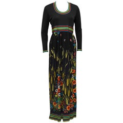 1970s Anonymous Black Long Maxi Dress with Floral Print