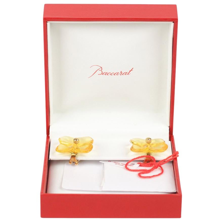 Baccarat Yellow Crystal 18K Gold Flower Clip On Earrings with Box