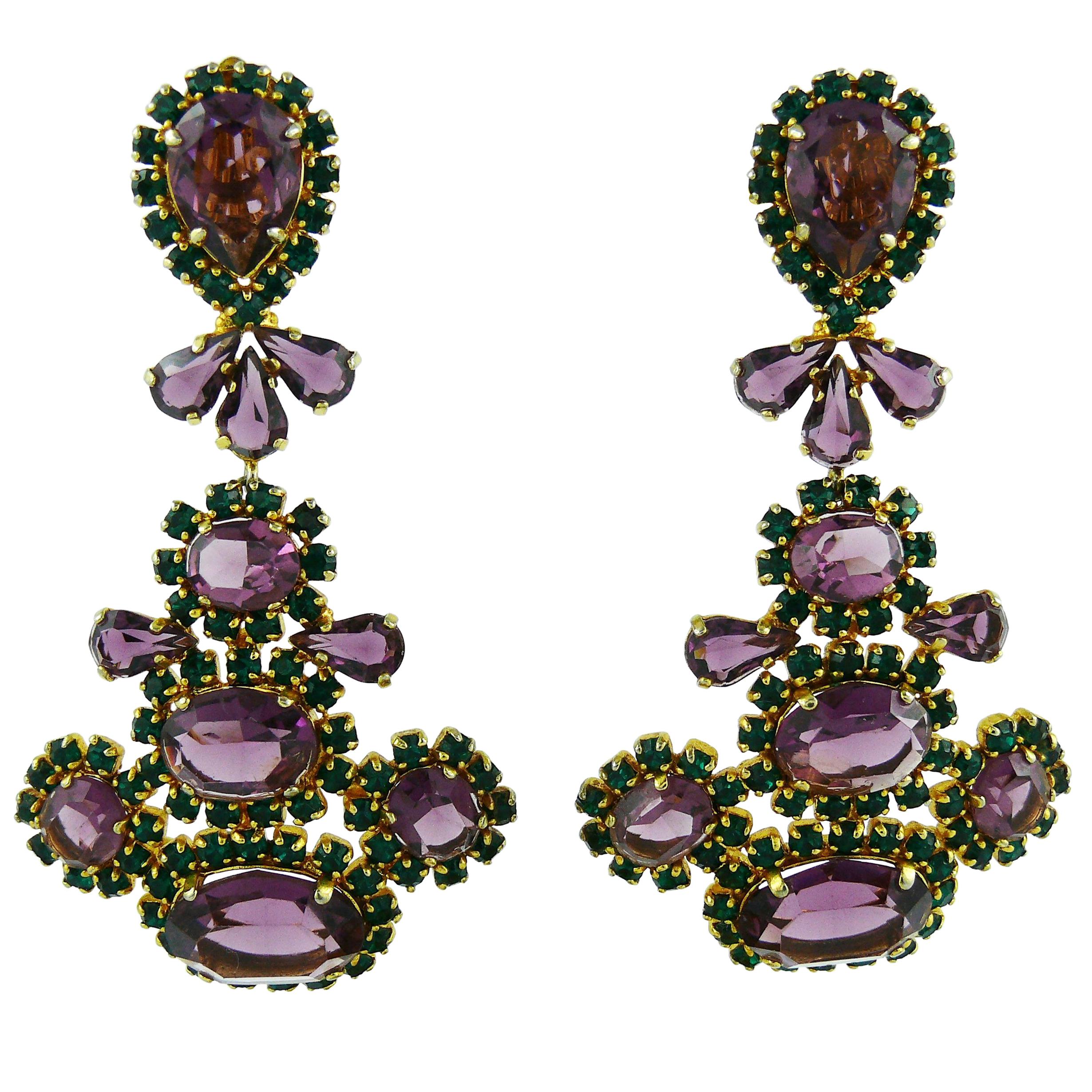 Christian Dior Vintage Massive Purple and Green Crystal Dangling Earrings