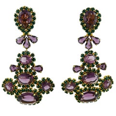 Christian Dior Vintage Massive Purple and Green Crystal Dangling Earrings