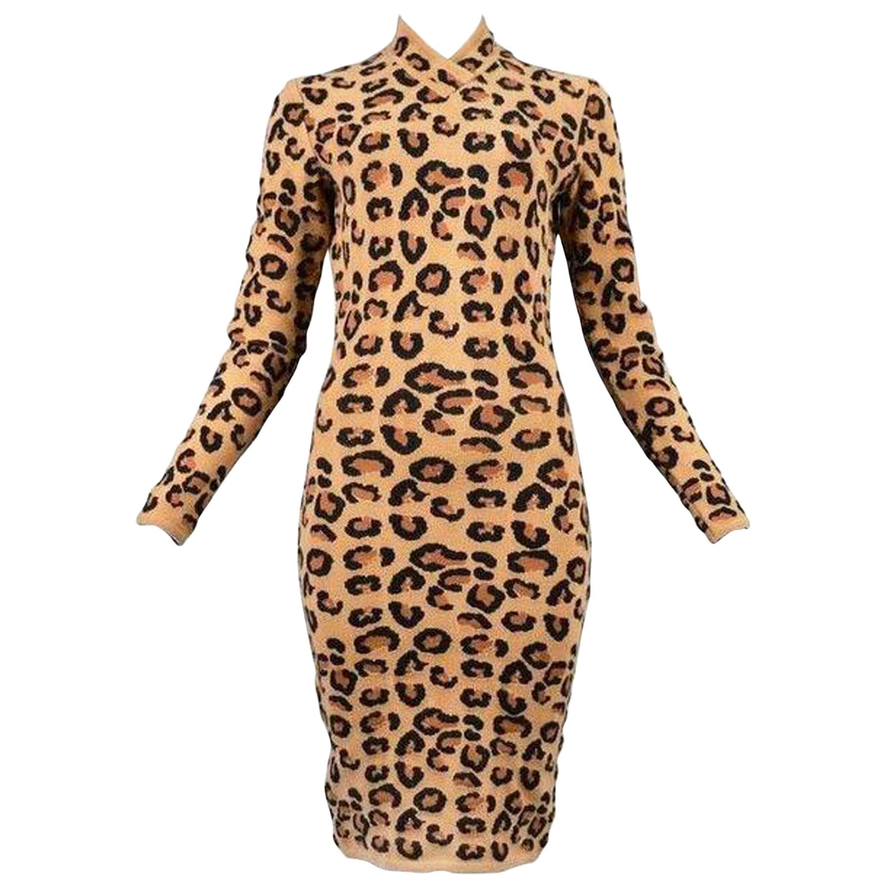 Alaia Vintage Leopard V Neck Dress with Band 1991 - Size S For Sale