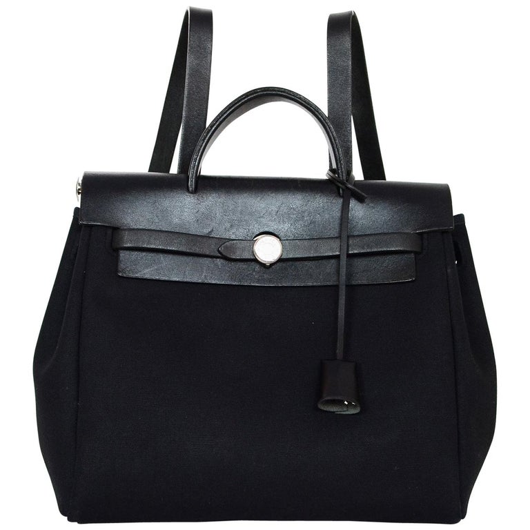 Hermes Black and Beige Canvas Herbag Tote For Sale at 1stDibs