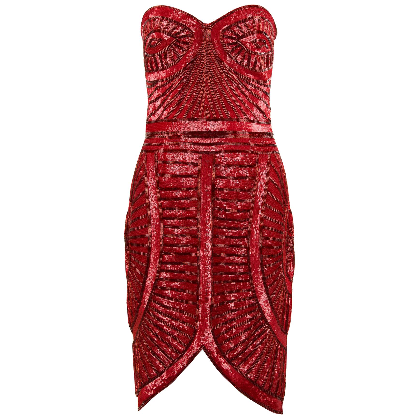 Zuhair Murad Nude Red Beaded Strapless Dress - Size FR 40 For Sale