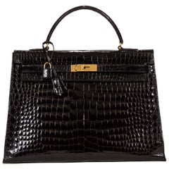 1960's Retro Hermes Black Crocodile Kelly 35 Bag