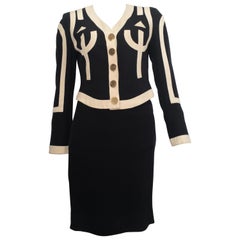 Retro Moschino 1990s Black & Cream Jacket & Skirt Suit Size 4.