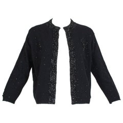 Cardigan de soirée en angora noir à perles et paillettes, Hong Kong - S-M, années 1950