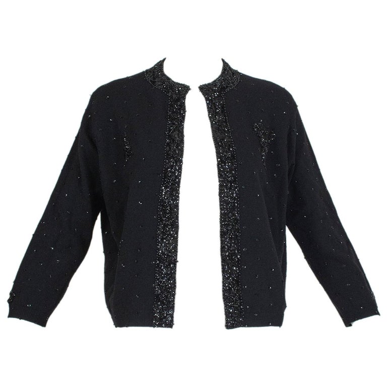 Black Angora Bead and Sequin Evening Cardigan Sweater, Hong Kong - S-M,  1950s For Sale at 1stDibs