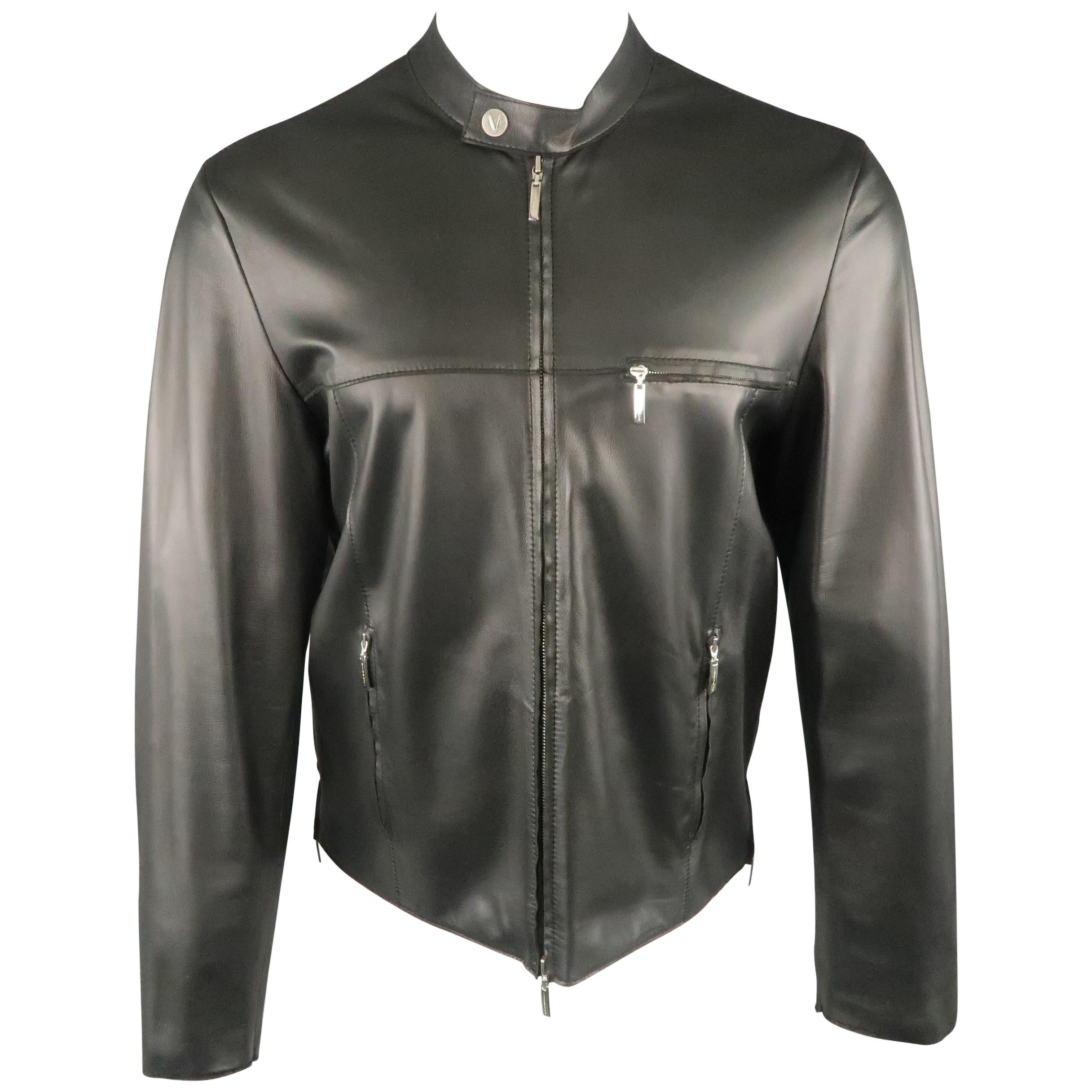 Men's VERSACE COLLECTION 40 Black Soft Leather Bank Collar Biker Jacket