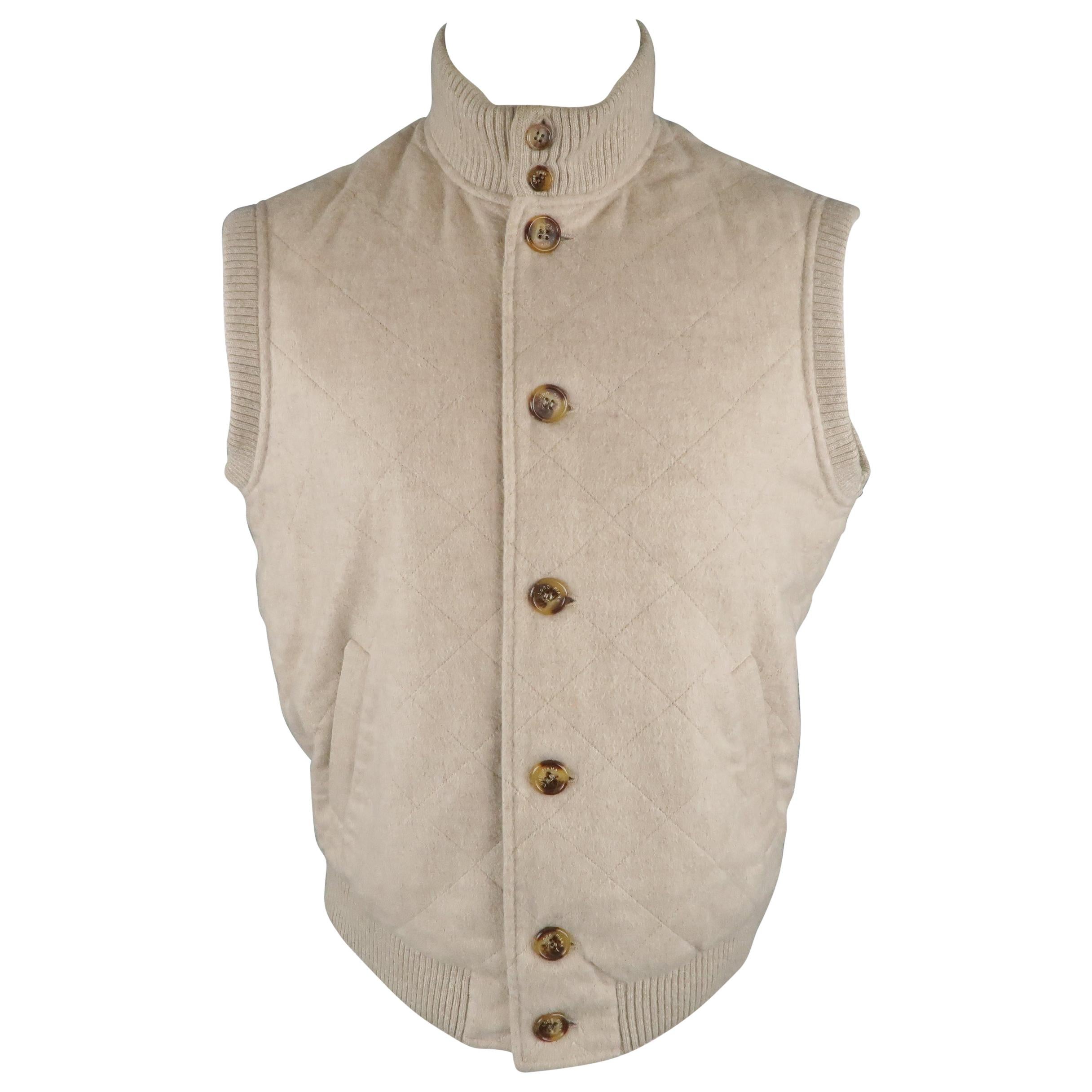 LORO PIANA S Oatmeal Beige Quilted Cashmere Ribbed Collar Vest