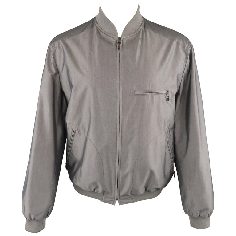 BRIONI 42 Silver Grey Silk and Orange Plaid Reversible Bomber Jacket at