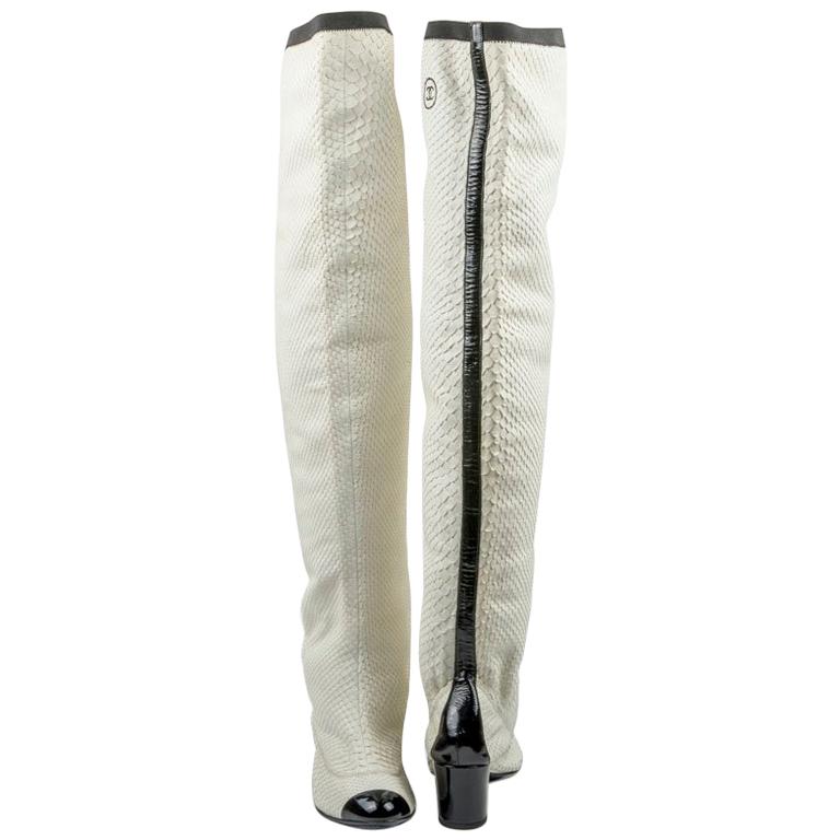 CHANEL Thigh Boots in White Python Leather Size 37FR