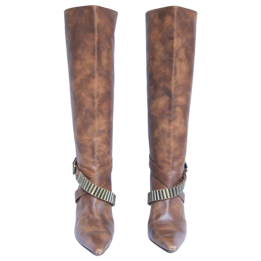 knee length brown leather boots
