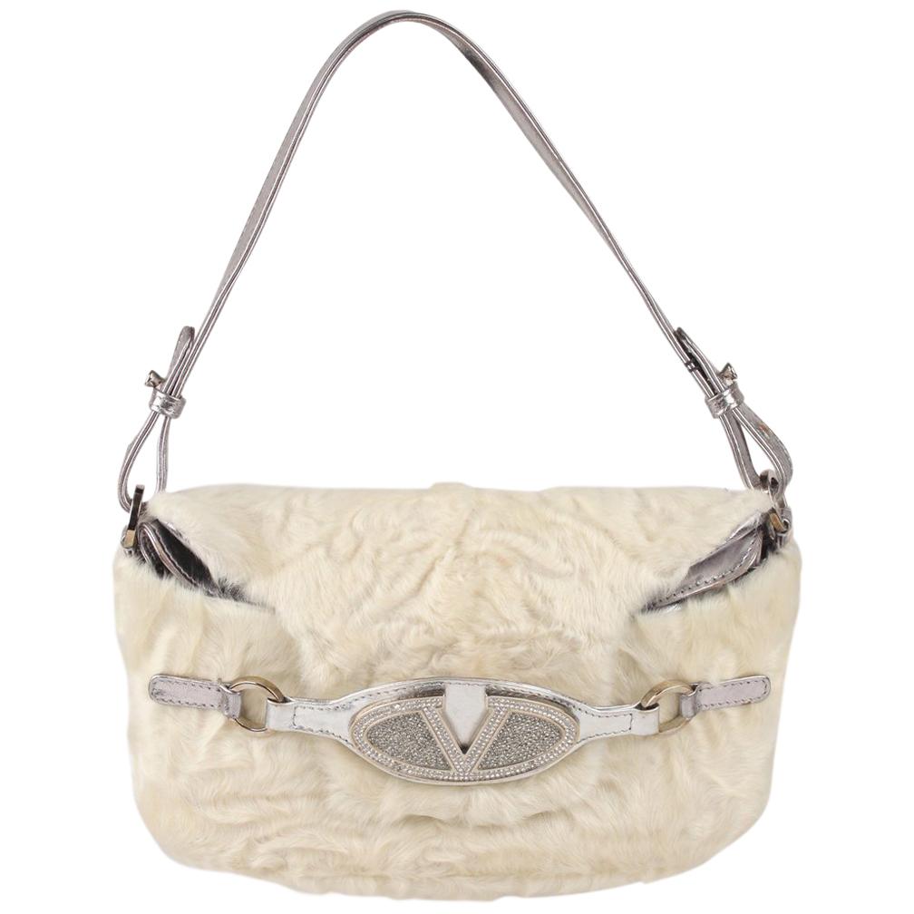 Valentino Garavani White Fur and Silver Leather Shoulder Bag