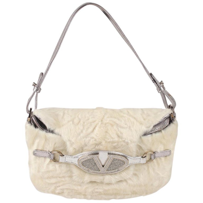 Valentino Garavani White Fur Silver Leather Shoulder Bag For Sale at 1stDibs