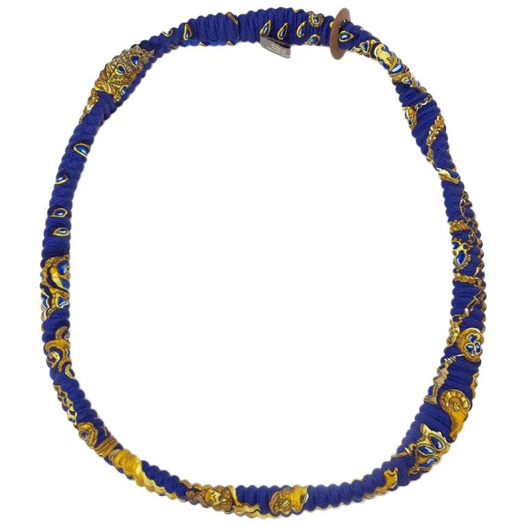 HERMES Small H Bracelet in Blue and Gold Scarf Pattern Silk