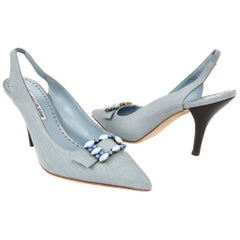 Manolo Blahnik Shoe Light Blue Textile Beaded Buckle Slingback 40.5 / 10.5